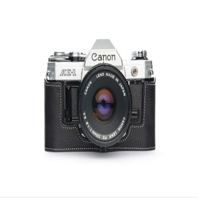 A-1 Case, BolinUS Handmade Genuine Real Leather Half Camera Case Bag Cover for Canon AE-1 A-1 (NO Handle) Camera with Hand Strap (Black)