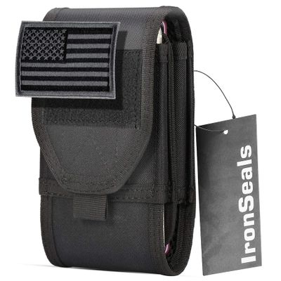 IronSeals Double Capacity Phone Holster, Tactical Molle Belt Pouch with Flag Patch for iPhone 17 Pro Max/16 Pro Max/16Pro/15ProMax/14 Pro Max/13 Pro Max, Samsung S25, Size Large Extra Stiffness