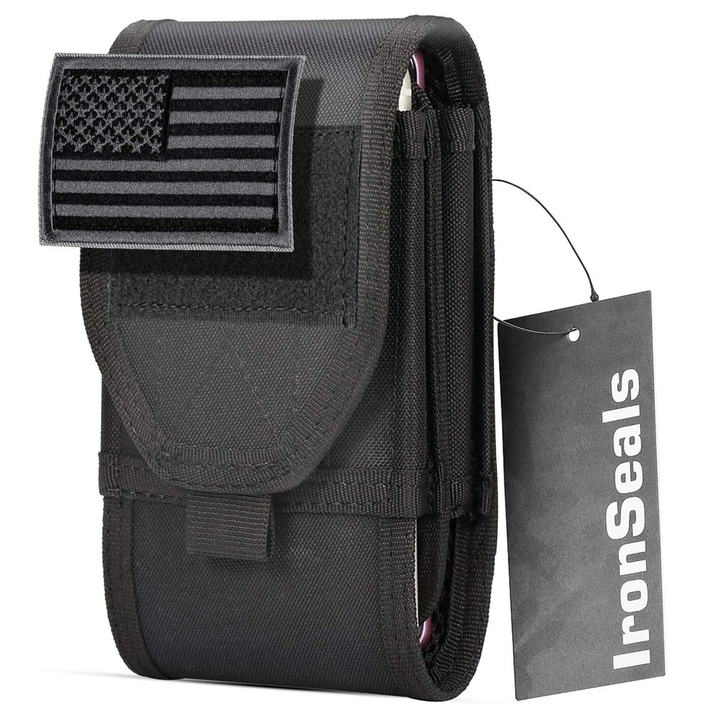 IronSeals Double Capacity Phone Holster, Tactical Molle Belt Pouch with Flag Patch for iPhone 17 Pro Max/16 Pro Max/16Pro/15ProMax/14 Pro Max/13 Pro Max, Samsung S25, Size Large Extra Stiffness