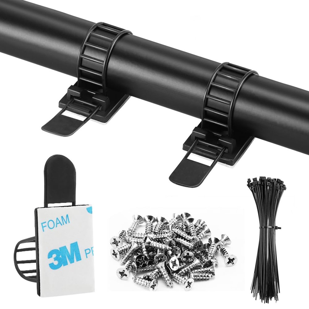 100Pcs Adhesive Cable Management Clips with 50Pcs Zip Ties, Adjustable Nylon Cable Strap Ties Wire Clips Clamps Organizer, Extra Screw & Hole - 3.35 Inch Black