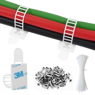 100Pcs Adhesive Cable Management Clips with 50Pcs Zip Ties, Adjustable Nylon Cable Strap Ties Wire Clips Clamps Organizer, Extra Screw & Hole - 3.35 Inch White
