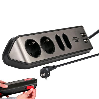 Brennenstuhl Estilo Corner Power Strip 4-fold (Power Strip with Stainless Steel Surface for Kitchen and Office, Extension Lead with 2X Protective Contact sockets, 2X Euro sockets,) Silver/Black