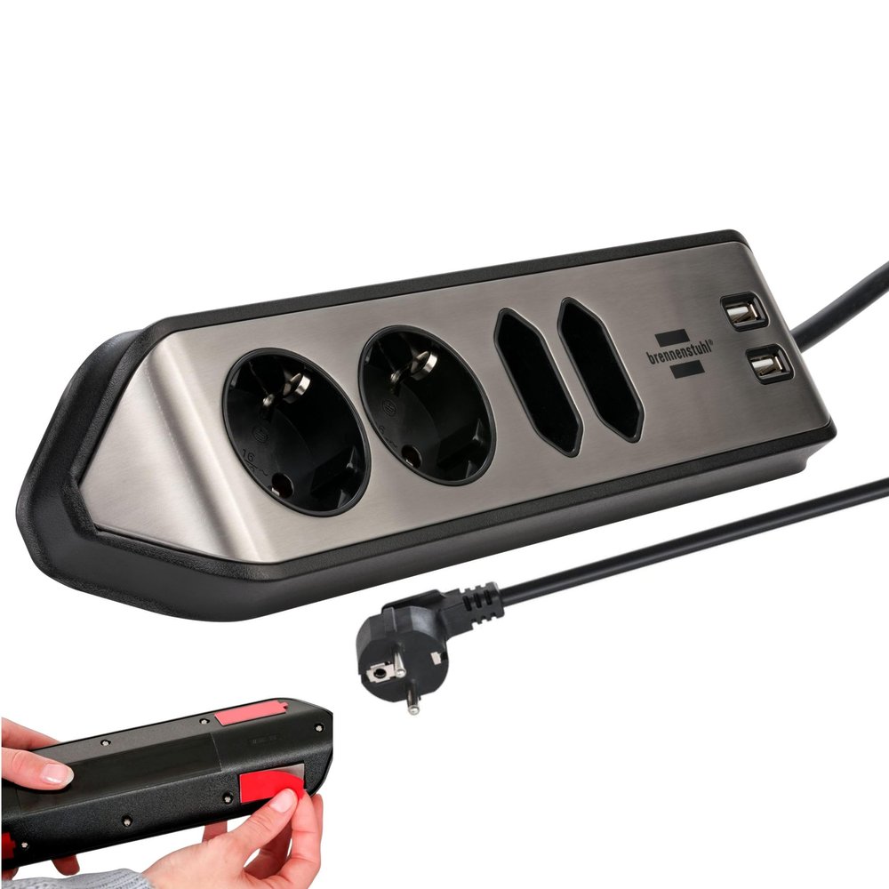 Brennenstuhl Estilo Corner Power Strip 4-fold (Power Strip with Stainless Steel Surface for Kitchen and Office, Extension Lead with 2X Protective Contact sockets, 2X Euro sockets,) Silver/Black