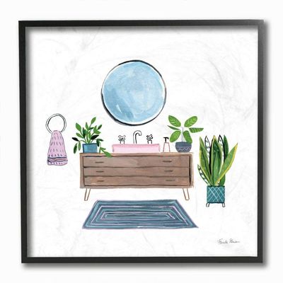 Stupell Industries Bathroom Interior Sink with Plants Blue Pink Artwork, Designed by Farida Zaman Wall Art, 12 x 12, Black Framed