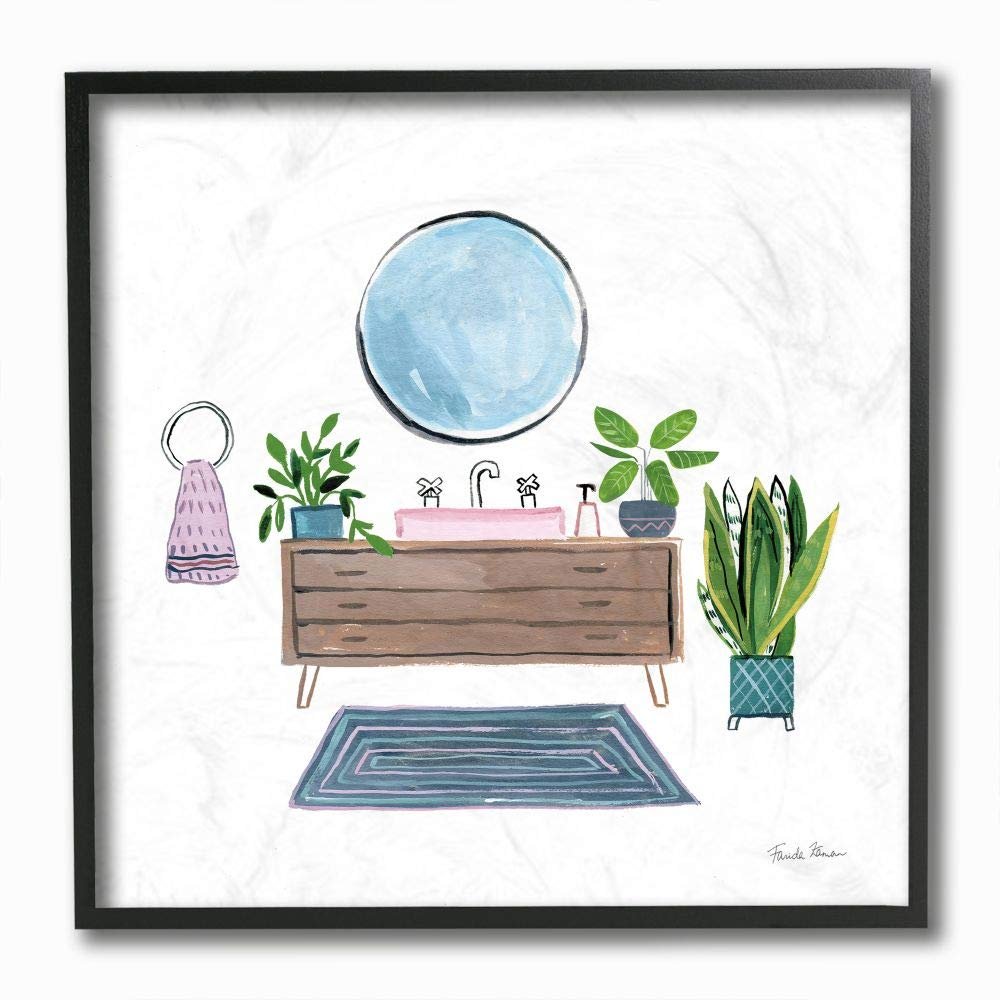 Stupell Industries Bathroom Interior Sink with Plants Blue Pink Artwork, Designed by Farida Zaman Wall Art, 12 x 12, Black Framed