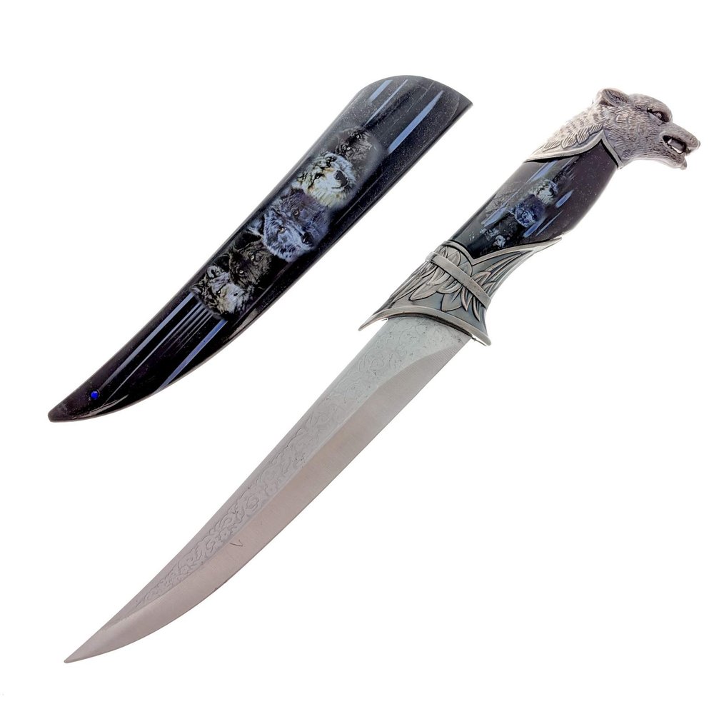 ASR Outdoor 13.5" Collector's Hunting Knife with Animal Head Pommel Black Wolf