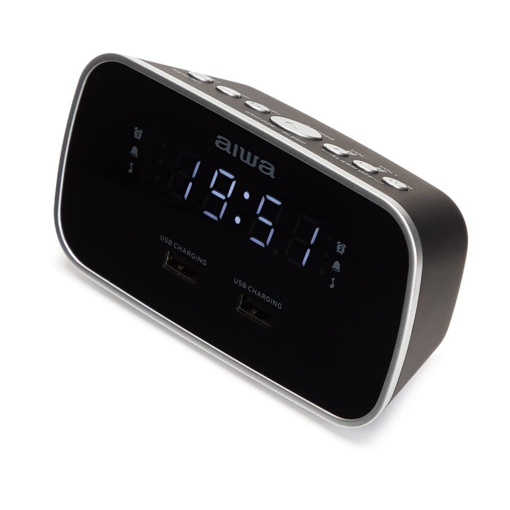 AIWA CRU-19BK: Black Digital Dual USB Charging Alarm Clock Radio for Smartphones and Tablets Charging