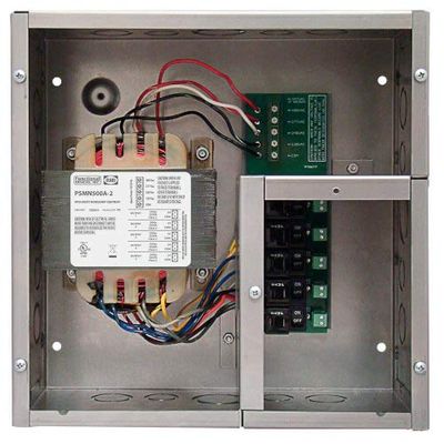 Enclosed Single 500VA Power Supply w/ 5 100VA Class 2 Outputs w/Hi/Low Voltage Wiring