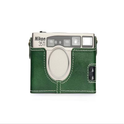 35Ti 28Ti Case, BolinUS Handmade Genuine Real Leather Half Camera Case Bag Cover for Nikon 35Ti 28Ti Camera with Hand Strap (Green)