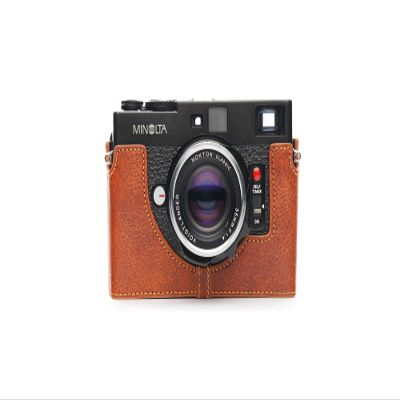 Minolta CLE Case, BolinUS Handmade Genuine Real Leather Half Camera Case Bag Cover for Minolta CLE with Hand Strap (LavaBrown)