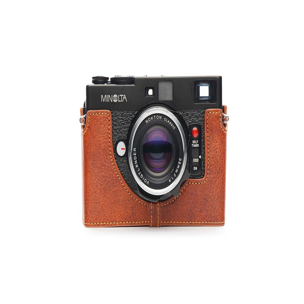 Minolta CLE Case, BolinUS Handmade Genuine Real Leather Half Camera Case Bag Cover for Minolta CLE with Hand Strap (LavaBrown)