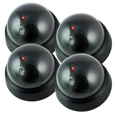 Pearl Enterprise Dummy Security Camera Fake Camera, Outdoors Dummy Dome Wireless Surveillance System with Motion Light Realistic Look with Flashing Red LED Light for Home or Business (Pack of 4)