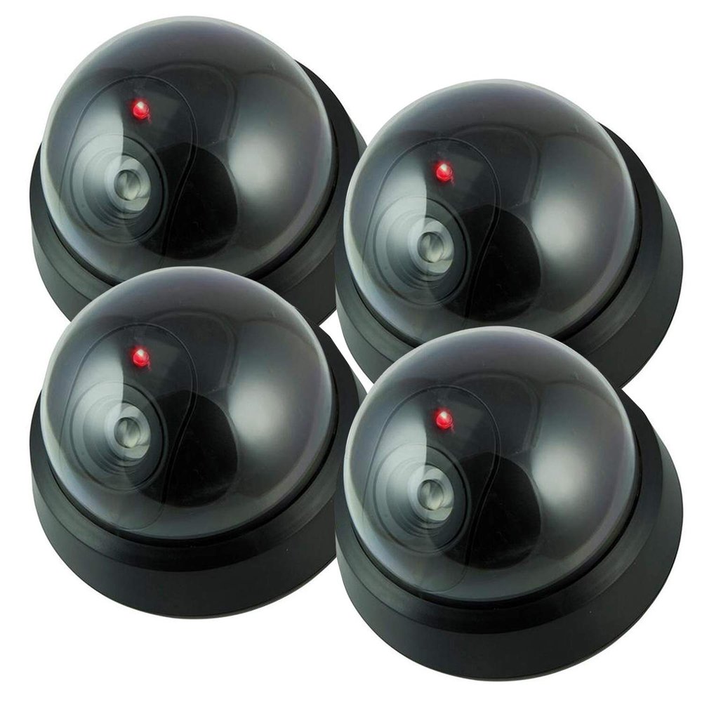 Pearl Enterprise Dummy Security Camera Fake Camera, Outdoors Dummy Dome Wireless Surveillance System with Motion Light Realistic Look with Flashing Red LED Light for Home or Business (Pack of 4)