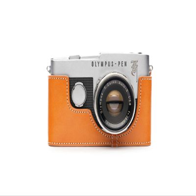 Olympus Pen-F(Film Camera) Case, BolinUS Handmade Genuine Real Leather Half Camera Case Bag Cover for Olympus Pen-F Film Camera with Hand Strap (Yellow)