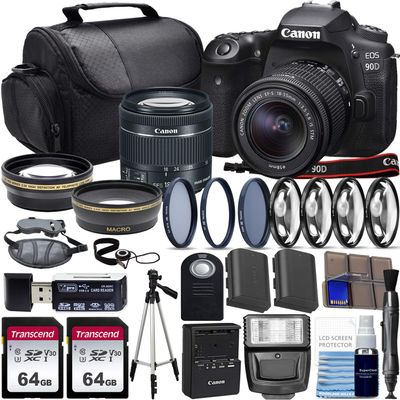 Canon EOS 90D DSLR Camera with Canon 18-55mm STM Lens with Wide Angle + Telephoto Lens + 2X 64GB Class 10 Memory Cards and Complete Starters Bundle