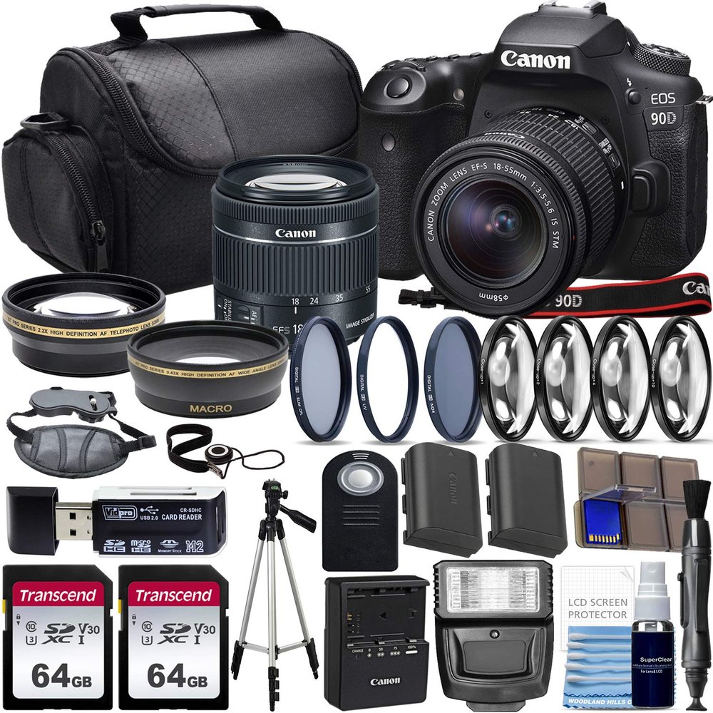 Canon EOS 90D DSLR Camera with Canon 18-55mm STM Lens with Wide Angle + Telephoto Lens + 2X 64GB Class 10 Memory Cards and Complete Starters Bundle