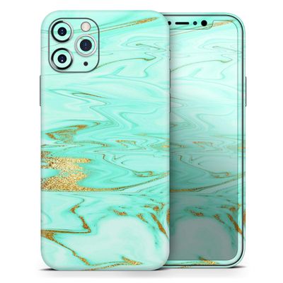 Mint Marble & Digital Gold Foil V11 - DesignSkinz Protective Vinyl Decal Wrap Skin Cover Compatible with The Apple iPhone 11 Pro (Full-Body, Screen Trim & Back Glass Skin)