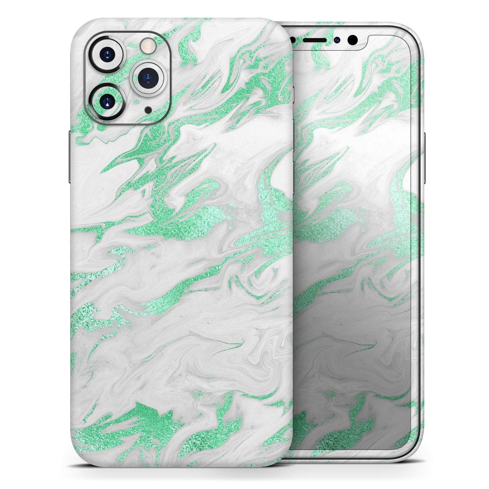 Mint Marble & Digital Gold Foil V3 - DesignSkinz Protective Vinyl Decal Wrap Skin Cover Compatible with the Apple iPhone SE (2020) (Full-Body, Screen Trim & Back Glass Skin)