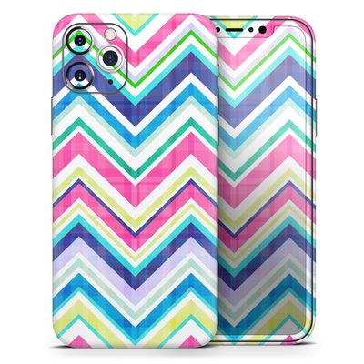 Vibrant Pink & Blue Layered Chevron Pattern - DesignSkinz Protective Vinyl Decal Wrap Skin Cover Compatible with the Apple iPhone SE (2020) (Full-Body, Screen Trim & Back Glass Skin)