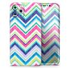 Vibrant Pink & Blue Layered Chevron Pattern - DesignSkinz Protective Vinyl Decal Wrap Skin Cover Compatible with the Apple iPhone SE (2020) (Full-Body, Screen Trim & Back Glass Skin) view 1