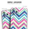 Vibrant Pink & Blue Layered Chevron Pattern - DesignSkinz Protective Vinyl Decal Wrap Skin Cover Compatible with the Apple iPhone SE (2020) (Full-Body, Screen Trim & Back Glass Skin) view 2