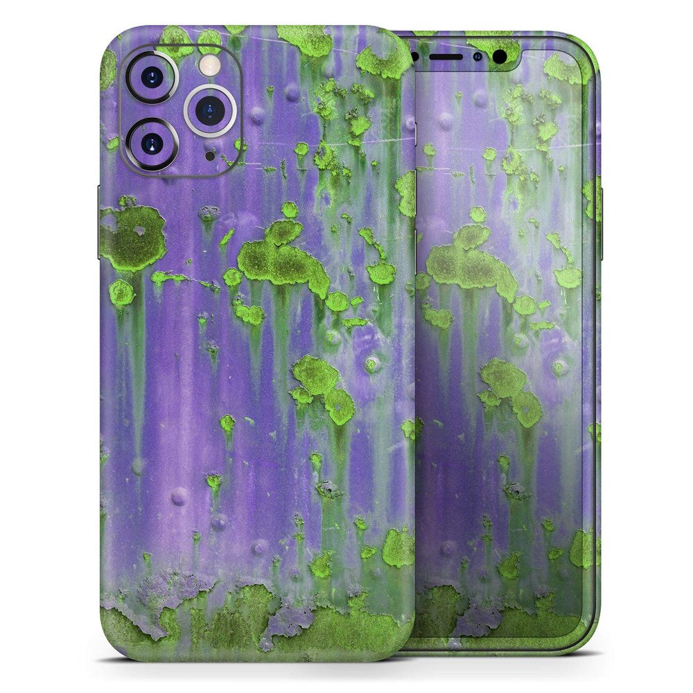 Purple Metal with Lime Green Rust - DesignSkinz Protective Vinyl Decal Wrap Skin Cover Compatible with The Apple iPhone SE (2020) (Full-Body, Screen Trim & Back Glass Skin)