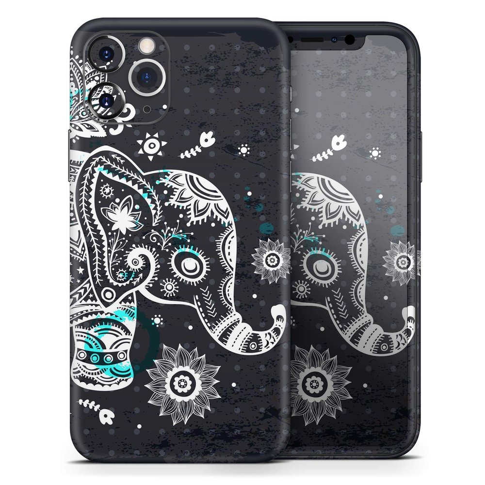 Aztec Elephant Blue Accented Modern Illustration - DesignSkinz Protective Vinyl Decal Wrap Skin Cover Compatible with The Apple iPhone Xs Max (Full-Body, Screen Trim & Back Glass Skin)
