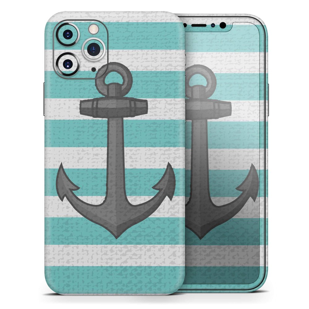 Teal Stripes with Gray Nautical Anchor - DesignSkinz Protective Vinyl Decal Wrap Skin Cover Compatible with the Apple iPhone SE (2020) (Full-Body, Screen Trim & Back Glass Skin)