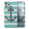 Teal Stripes with Gray Nautical Anchor - DesignSkinz Protective Vinyl Decal Wrap Skin Cover Compatible with the Apple iPhone SE (2020) (Full-Body, Screen Trim & Back Glass Skin) view 1