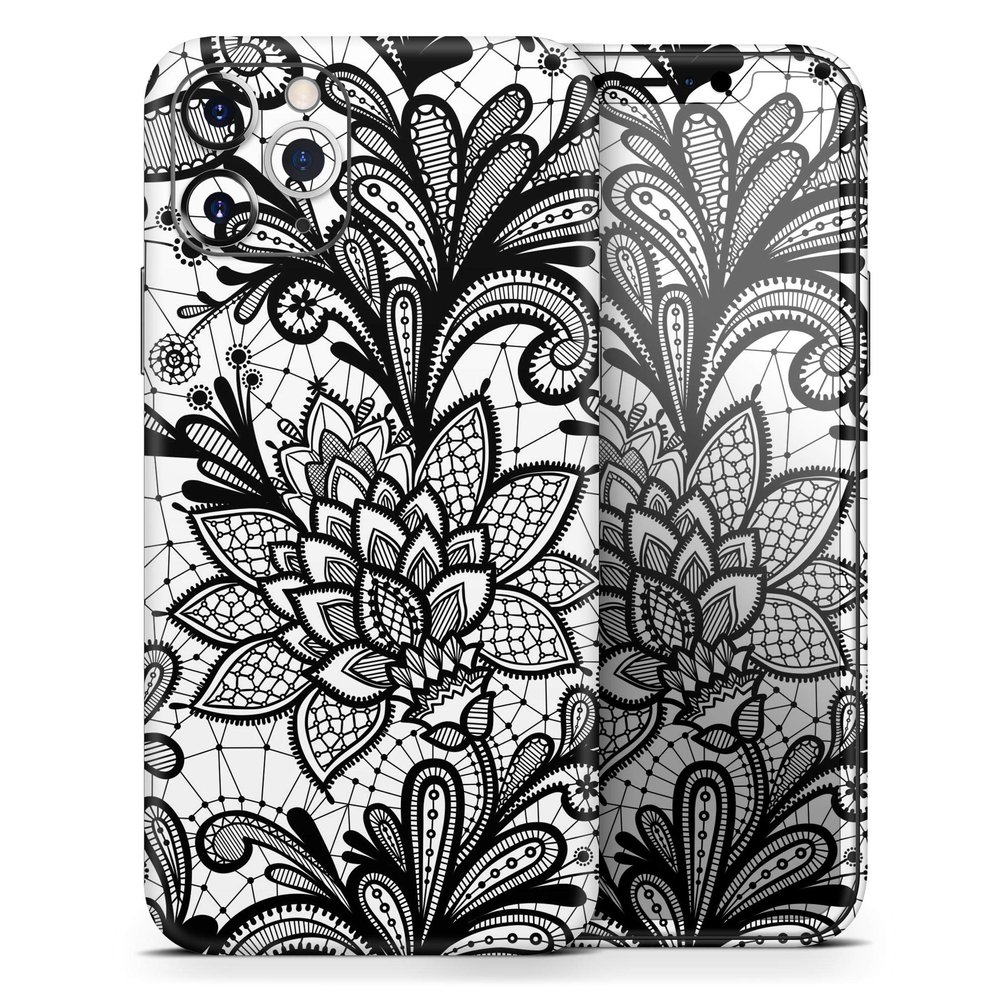 Black and White Geometric Floral - DesignSkinz Protective Vinyl Decal Wrap Skin Cover Compatible with The Apple iPhone XR (Full-Body, Screen Trim & Back Glass Skin)