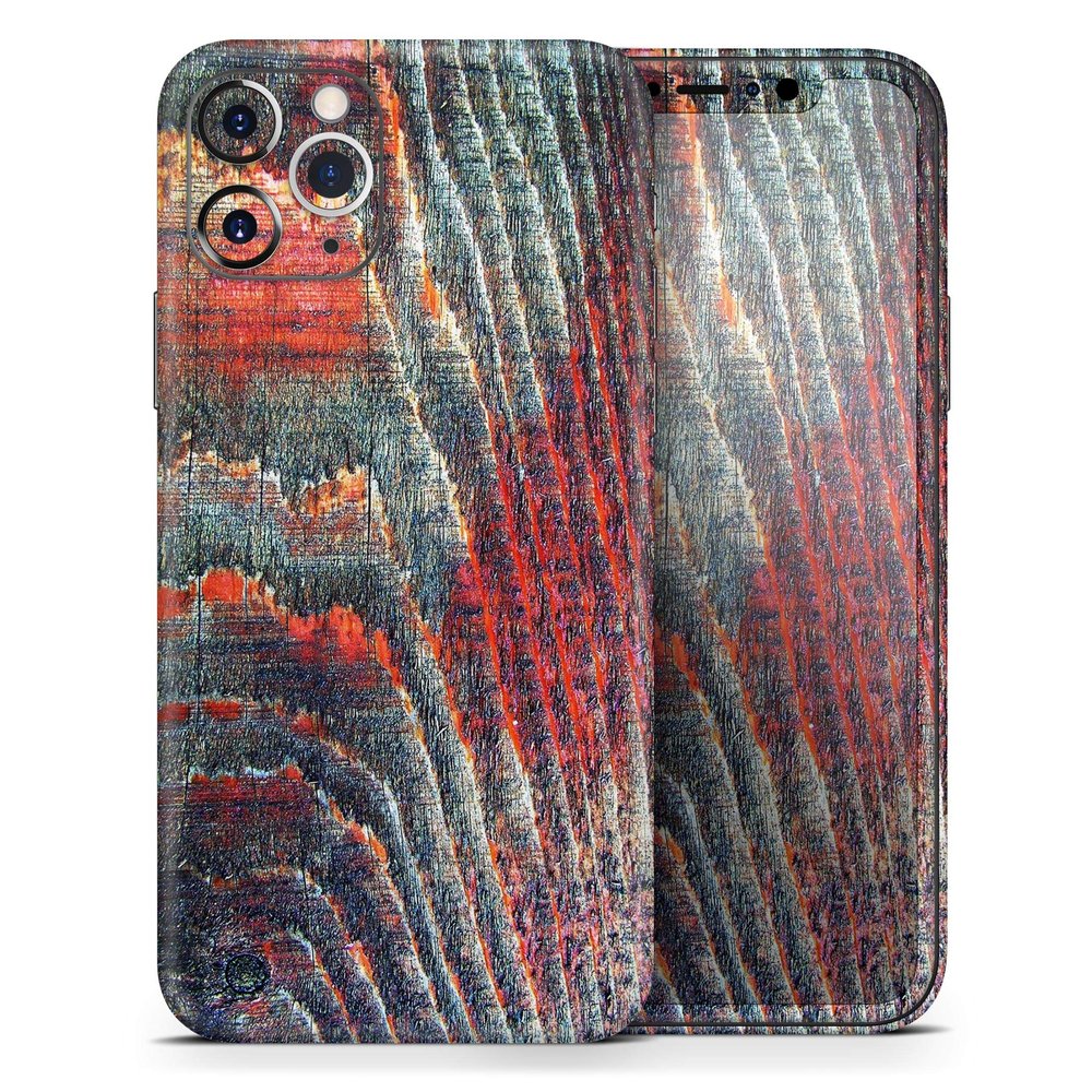 Grungy Orange and Teal Dyed Wood Surface - DesignSkinz Protective Vinyl Decal Wrap Skin Cover Compatible with the Apple iPhone 11 Pro (Full-Body, Screen Trim & Back Glass Skin)