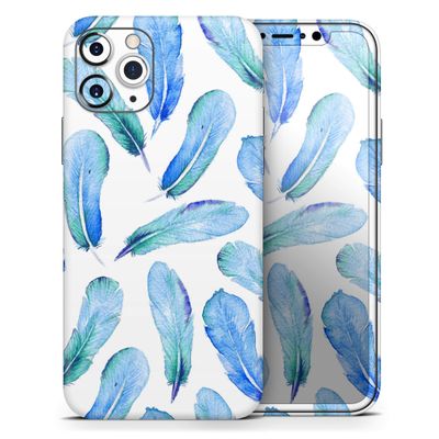 Blue Watercolor Feather Pattern - DesignSkinz Protective Vinyl Decal Wrap Skin Cover Compatible with The Apple iPhone XR (Full-Body, Screen Trim & Back Glass Skin)