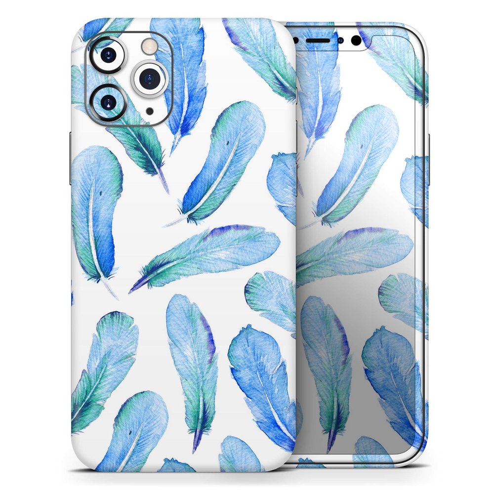 Blue Watercolor Feather Pattern - DesignSkinz Protective Vinyl Decal Wrap Skin Cover Compatible with The Apple iPhone XR (Full-Body, Screen Trim & Back Glass Skin)