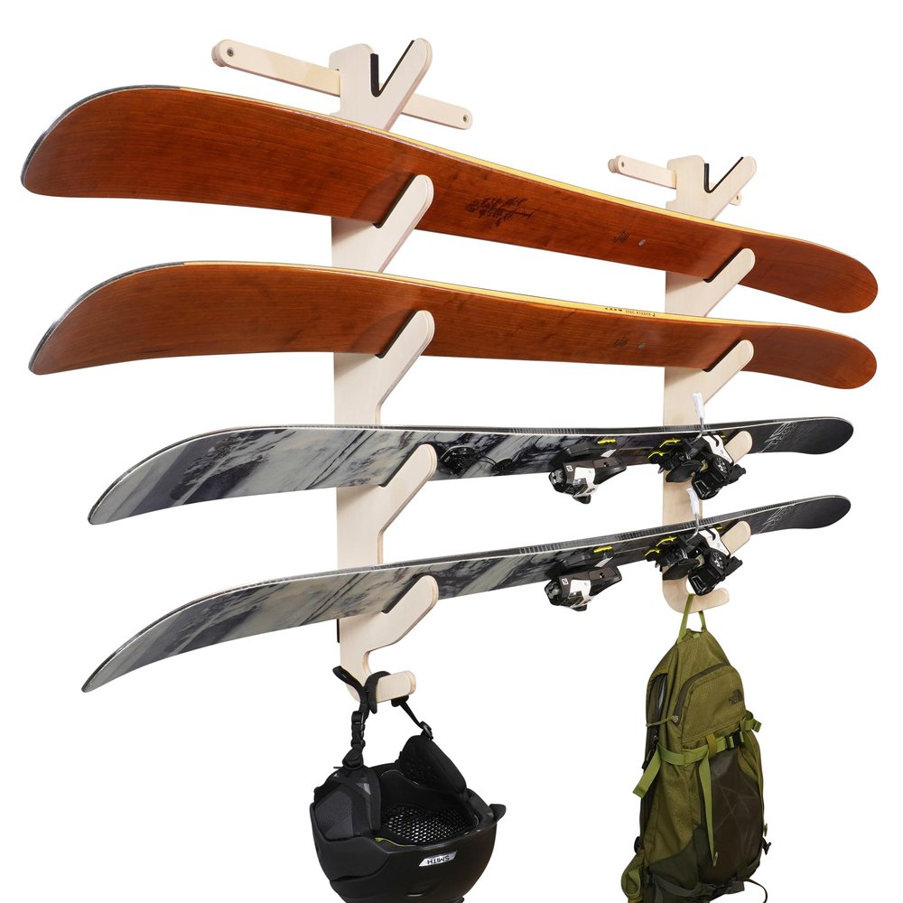 Grassracks Birch Wood Ski Rack - The Hallsteiner Series Indoor Horizontal Ski Wall Rack (4 or 5 Pairs of Skis, Birch)