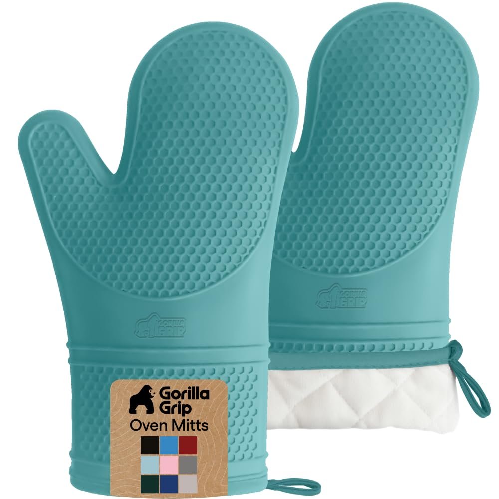 GORILLA GRIP BPA-Free Soft Silicone Oven Mitts, 550F Heat Resistant Waterproof Cooking Safety Gloves, Thick Cotton Lining, Flexible Gripping for BBQ Grilling, Kitchen Potholders, 12.5x8.3, Turquoise