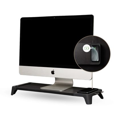 POUT E8 Wood Desk Monitor Computer Stand Riser Shelf + USB HUB + Qi Fast Wireless Charging Charger Pad Mat for Laptop, Apple, iMac, PC, iPhone, Samsung Galaxy, Airpod 2, Buds (Black)