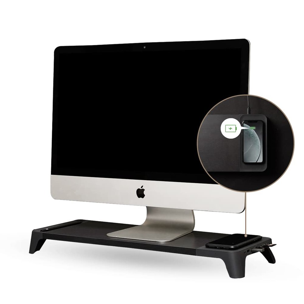 POUT E8 Wood Desk Monitor Computer Stand Riser Shelf + USB HUB + Qi Fast Wireless Charging Charger Pad Mat for Laptop, Apple, iMac, PC, iPhone, Samsung Galaxy, Airpod 2, Buds (Black)