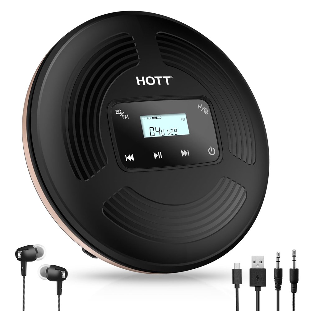HOTT CD903TF Portable CD Player with Bluetooth and FM Transmitter with Touch Buttons Backlight,Rechargeable with AUX Cable,CD Player Shockproof for Car
