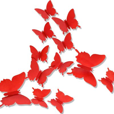 24Pcs 3D Butterfly Removable Mural Stickers Wall Stickers Decal for Kids Girls Baby Women Bedroom Bathroom Living Room Decor(red)