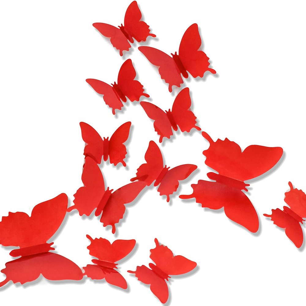 24Pcs 3D Butterfly Removable Mural Stickers Wall Stickers Decal for Kids Girls Baby Women Bedroom Bathroom Living Room Decor(red)
