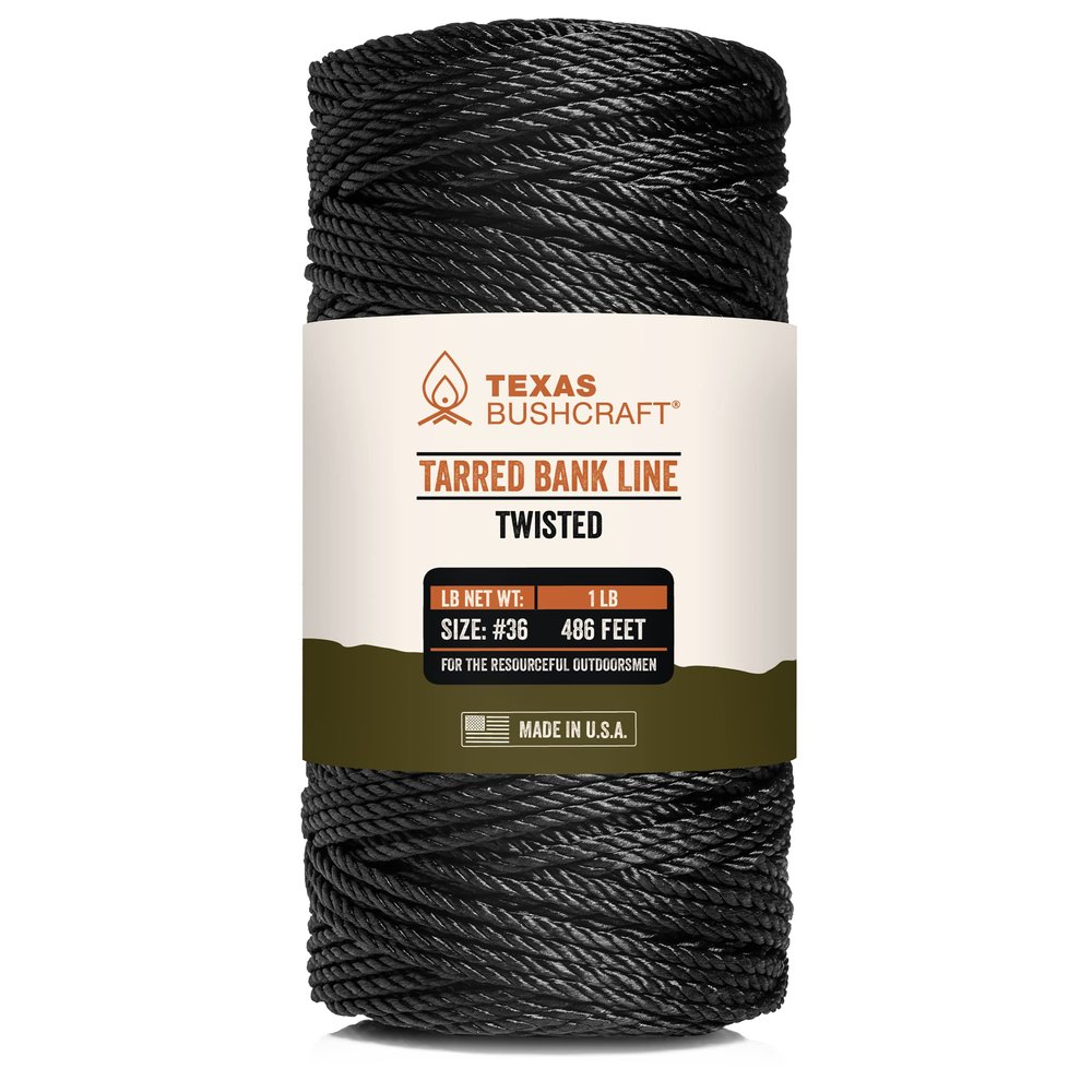 Texas Bushcraft Tarred Bank Line Twine - #36 Black Nylon String for Fishing, Camping and Outdoor Survival Strong, Weather Resistant Bankline Cordage for Trotline and Marine Thread (1 lb, Twisted)