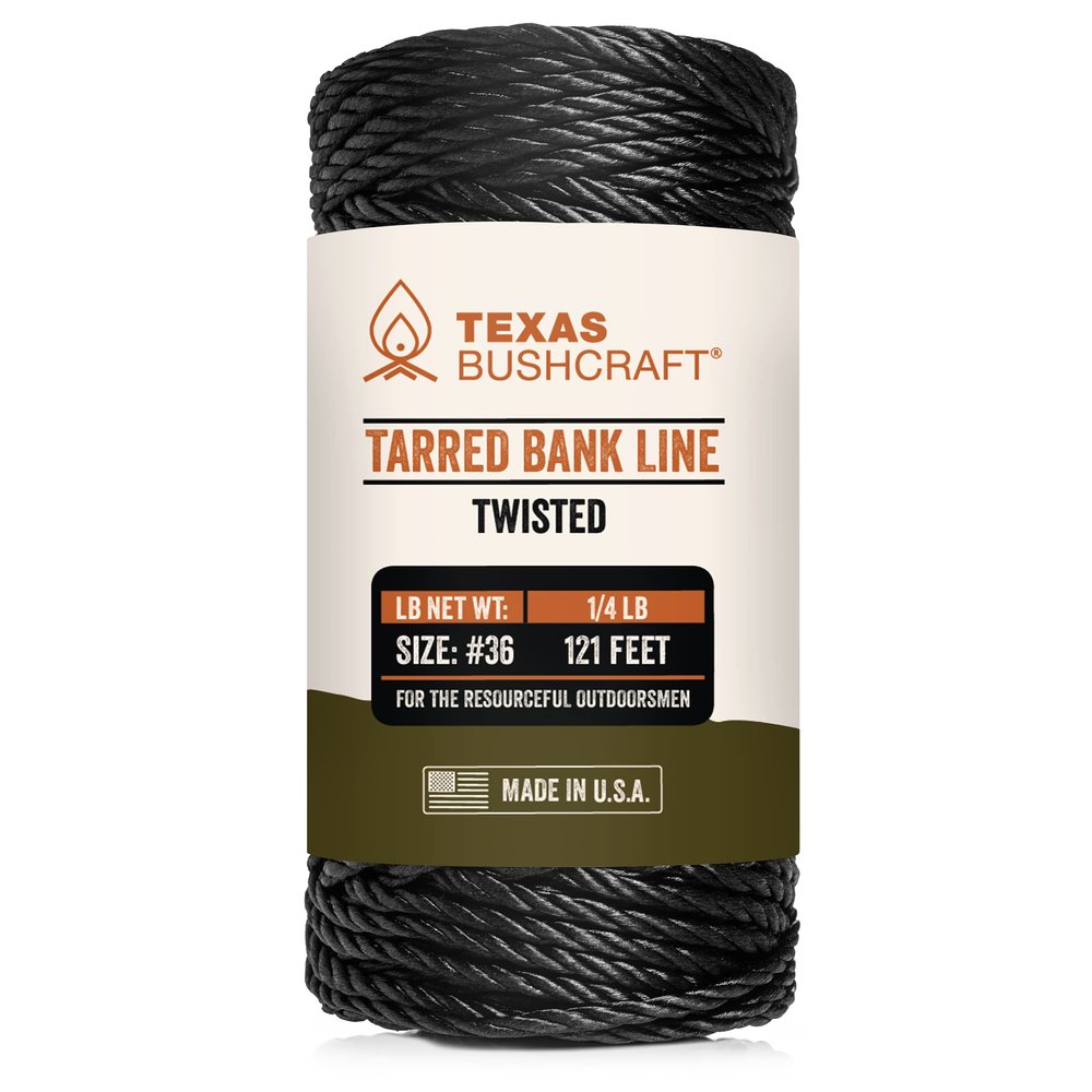 Texas Bushcraft Tarred Bank Line Twine - #36 Black Nylon String for Fishing, Camping and Outdoor Survival Strong, Weather Resistant Bankline Cordage for Trotline (1/4 lb, Twisted)