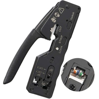 Yankok [The Ultimate Pass Thru Crimper] Crimps RJ45 Pass Through RJ12 RJ11 Regular Network Connector and Strip Cut CAT5/5e CAT6/6a CAT7 Unshielded and Shielded Ethernet Cable Black Handle