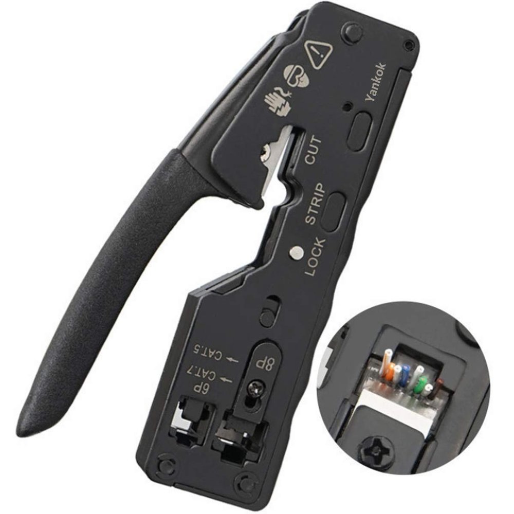 Yankok [The Ultimate Pass Thru Crimper] Crimps RJ45 Pass Through RJ12 RJ11 Regular Network Connector and Strip Cut CAT5/5e CAT6/6a CAT7 Unshielded and Shielded Ethernet Cable Black Handle
