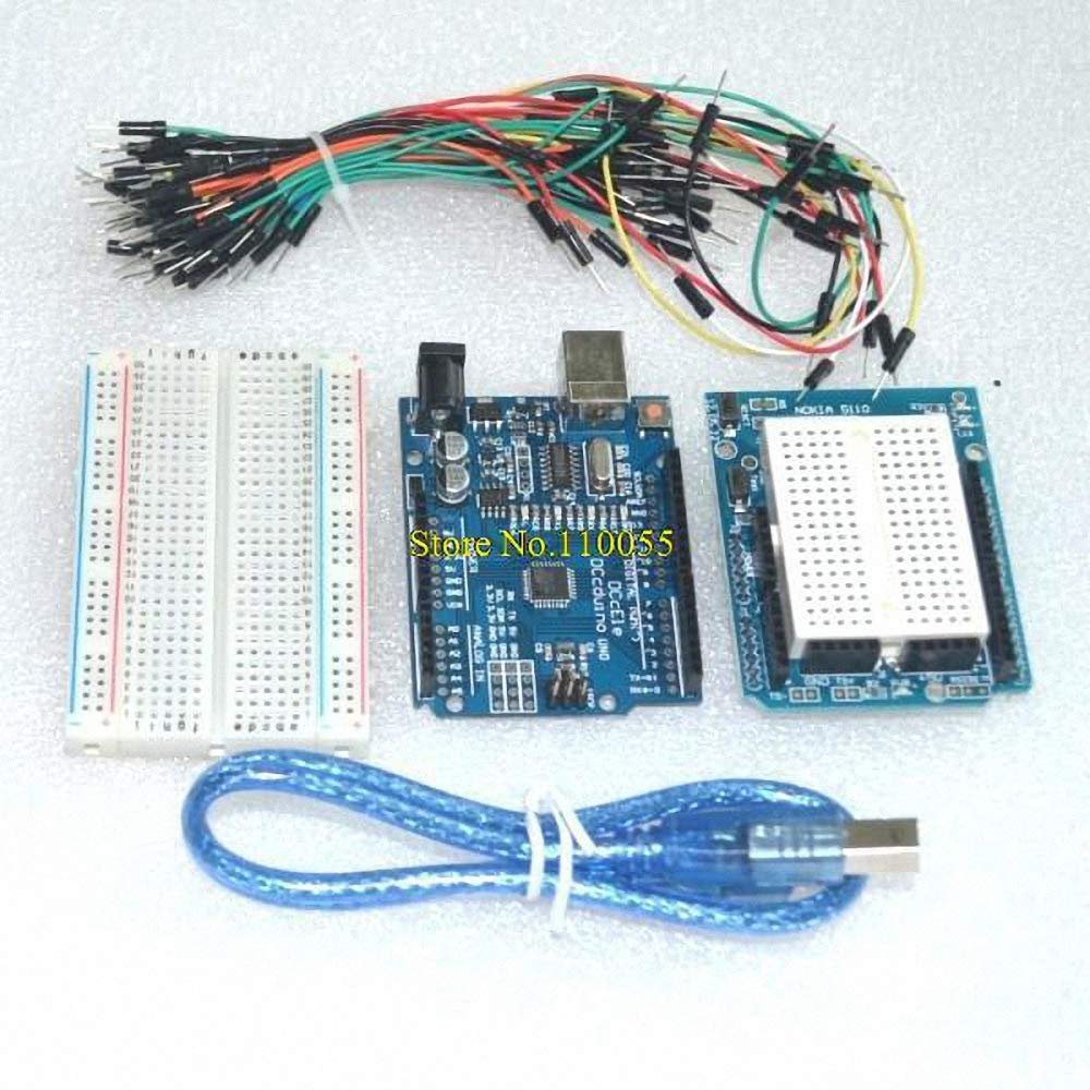 5 in 1 UNO R3 Board + Prototype Shield + Breadboard Jumper Wires + 400 tie breadboard for Ardui UNO R3 KIT