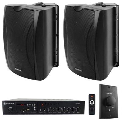 Rockville Commercial Bundle: (2) WET-6B 6.5" 70V/100V IP55 Wall Speakers, RCS80-1 60-Watt 70v Amplifier with Bluetooth, VOL70100 100-Watt 70v Wall Volume Controller, 4-Items