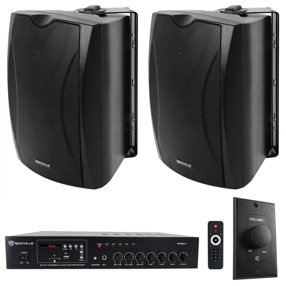 Rockville Commercial Bundle: (2) WET-6B 6.5" 70V/100V IP55 Wall Speakers, RCS80-1 60-Watt 70v Amplifier with Bluetooth, VOL70100 100-Watt 70v Wall Volume Controller, 4-Items