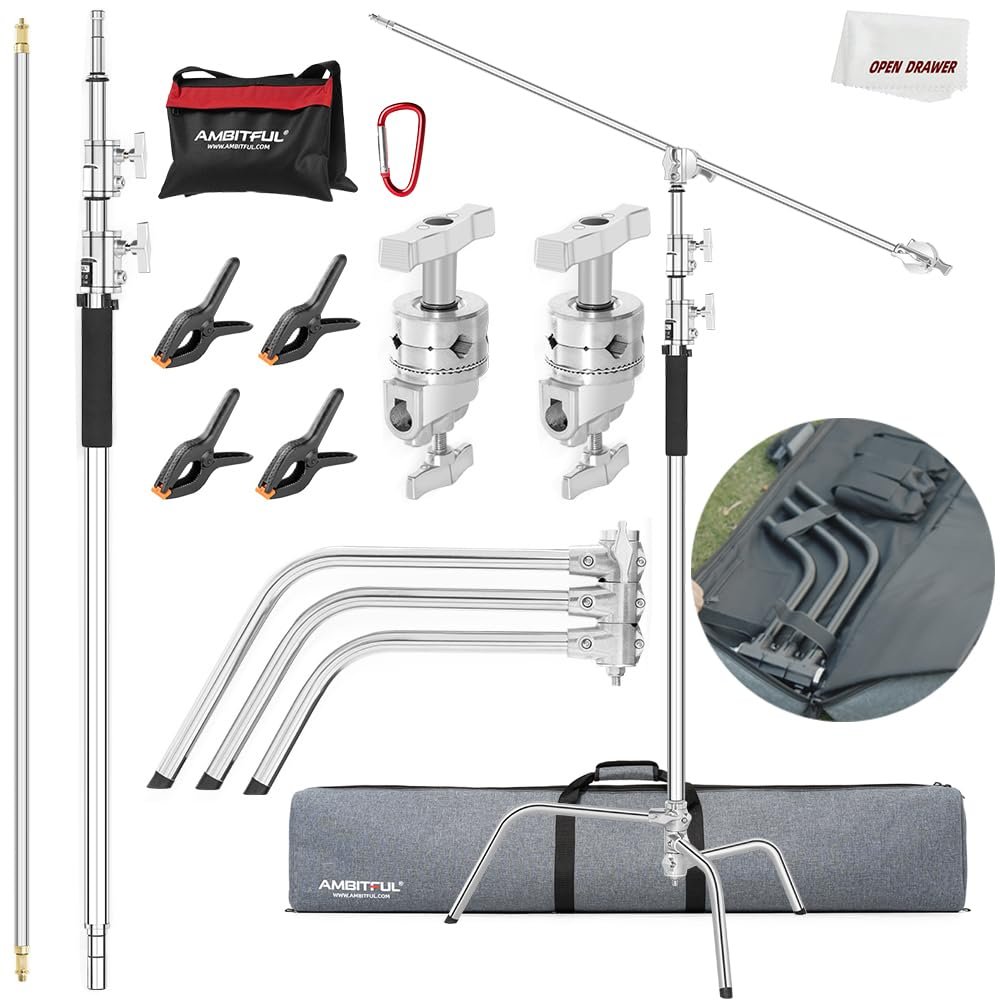 AMBITFUL All Metal C Stand Light Stand with Boom Arm-Photography Light Stand, Max Height 10.5ft/320cm Adjustable Reflector Stand with 4.2ft/128cm Holding Arm + Bag for Studio Monolight, Softbox