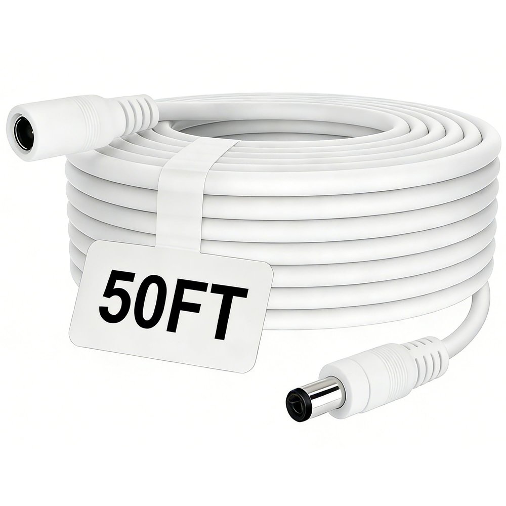 12V DC Power Extension Cable 50ft 2.1mm x 5.5mm Plug Compatible with 12V Power Adaper for Home CCTV Security Camera IP Camera DVR NVR White