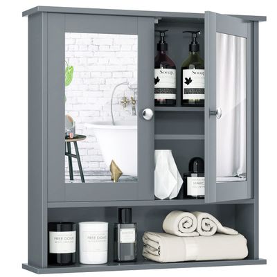 Tangkula Bathroom Medicine Cabinet with Mirror, Wall Mounted Wooden Hanging Organizer with Doors and Shelves, Bathroom Wall Mirror Cabinet (Mirror Doors, Gray)